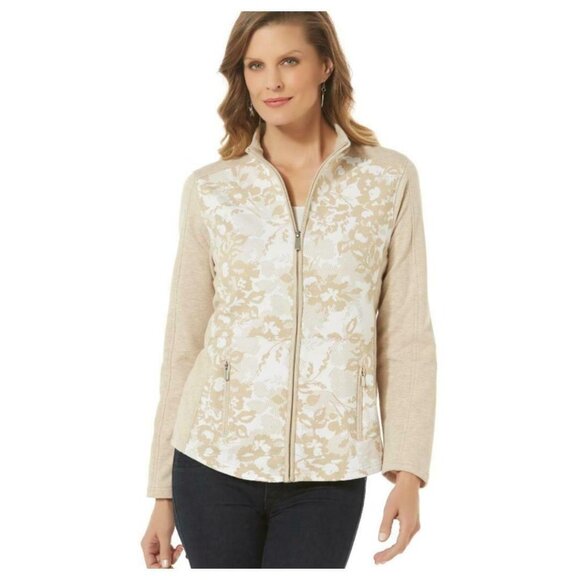 Laura Scott Women's Petite Medium Tan White Floral Full Zip Track‎ Jacket - Picture 2 of 8